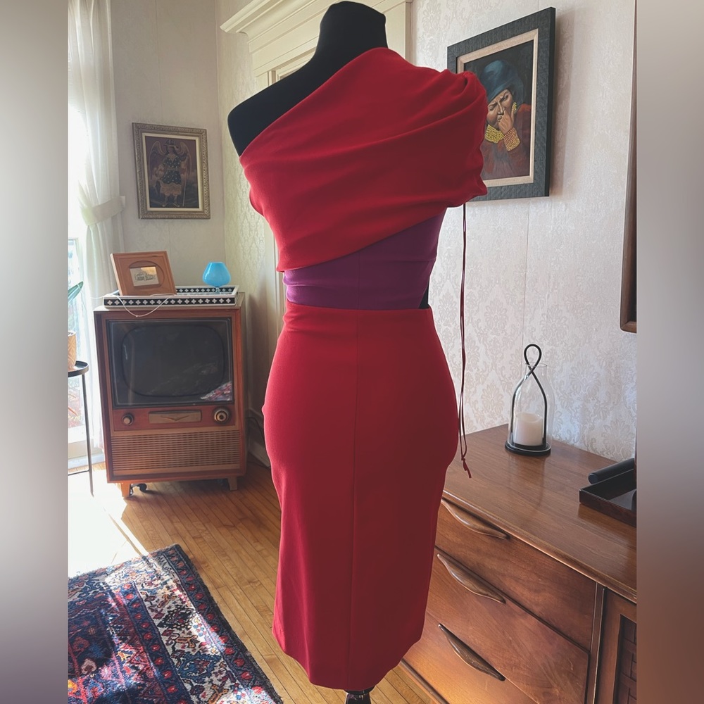Haney one shoulder cocktail dress with side cut outs.
